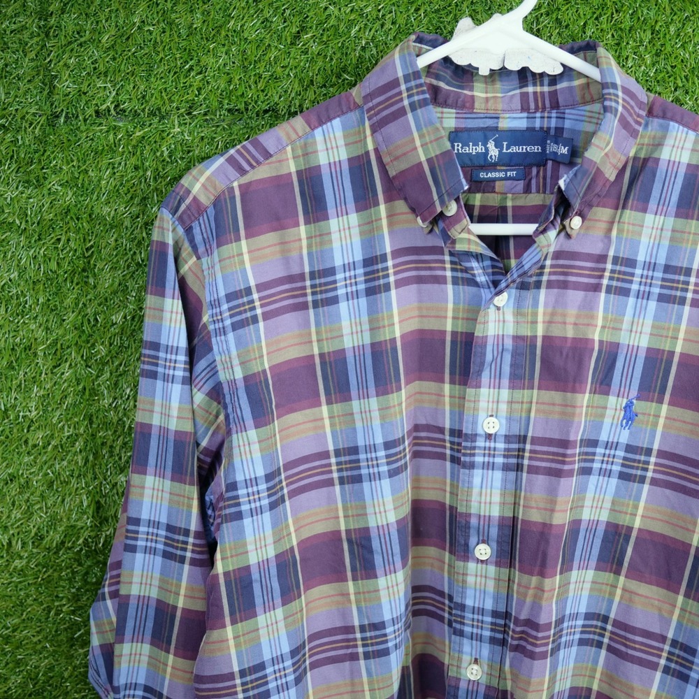 Ralph Lauren Button Down Shirt Purple Plaid Classic Fit - Mens Size M